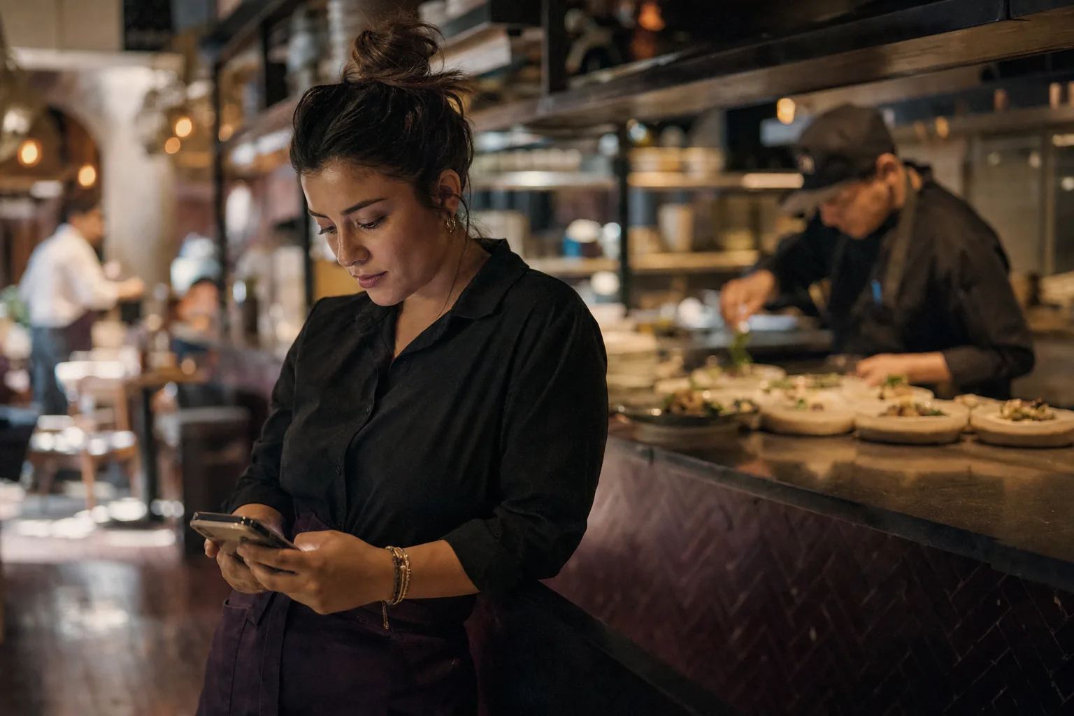 Mesera de restaurante consultando el estándar de servicio en su teléfono junto a la cocina abierta
