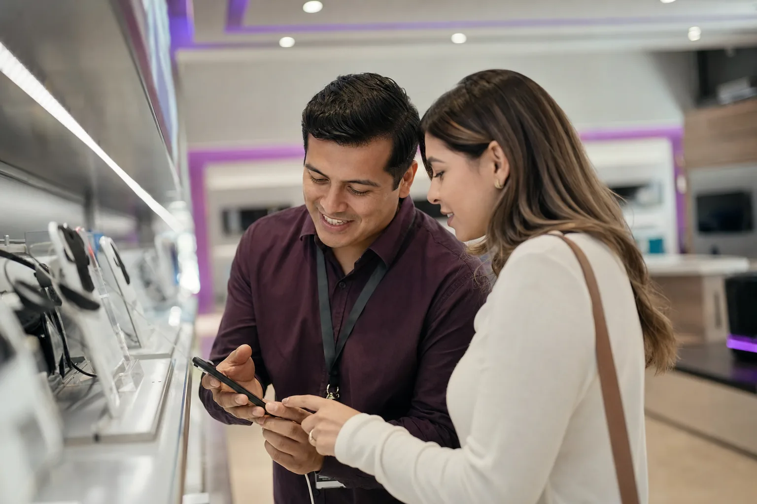 Asesor de tienda mostrando información de producto en un teléfono a una clienta en el piso de venta
